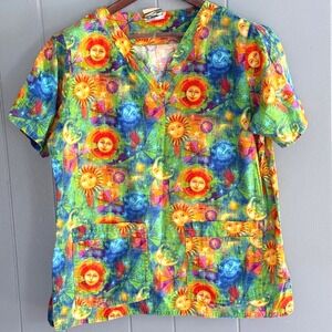 Cottonality Vtg 90s Celestial Sun Moon Star Scrub Top Colorful Cotton Whimsigoth